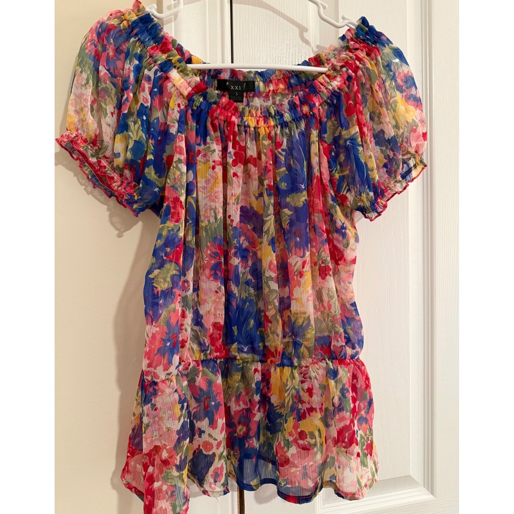Forever 21 XXI Floral Off Shoulder Peplum Blouse Sheer Chiffon Top Multi Color S